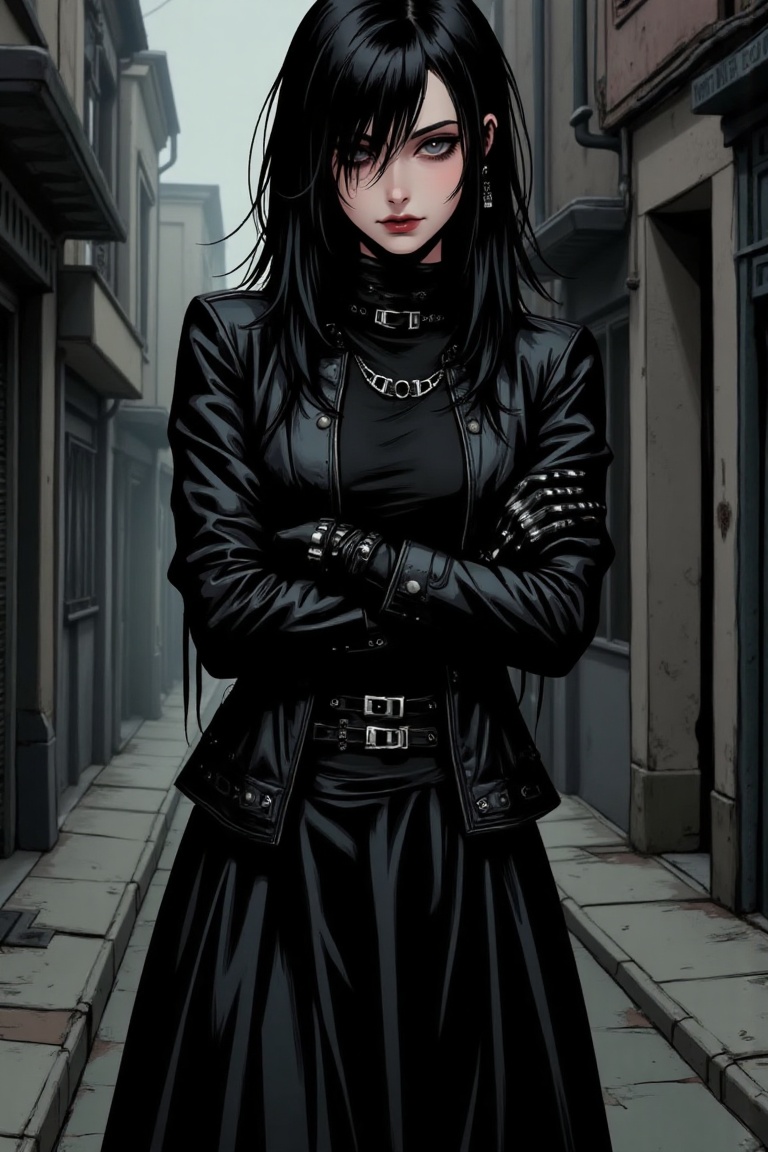 "Illustration of a punk gothic woman wearing a high-collared leather jacket,  black gloves,  and a long skirt on Tensor.Art