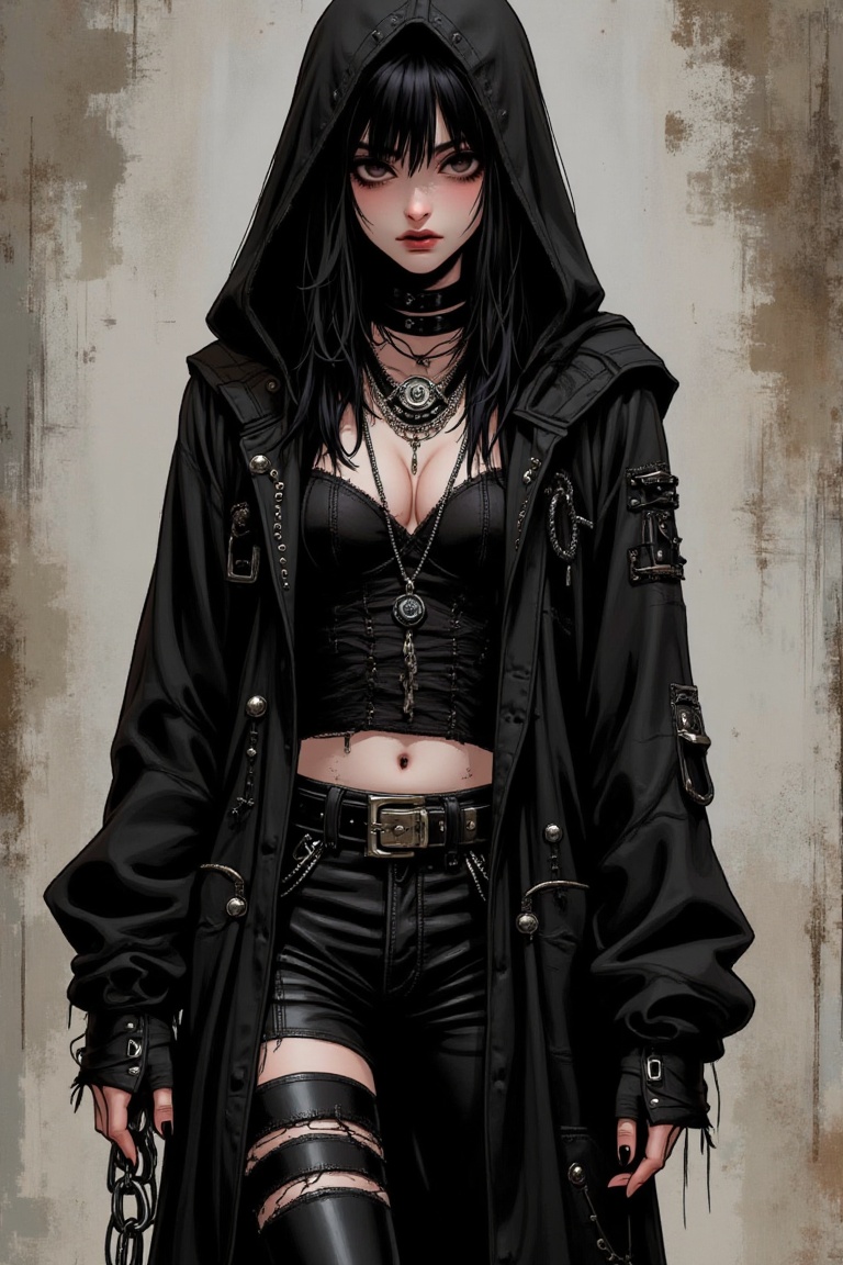"Illustration of a punk gothic woman in a hooded long cardigan with metallic details,  holding a chain in one hand,  mediu...