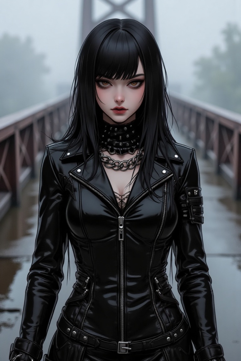 Illustration of a punk gothic woman in a sleek,  fully zipped leather coat with metallic details,  standing in front of a...