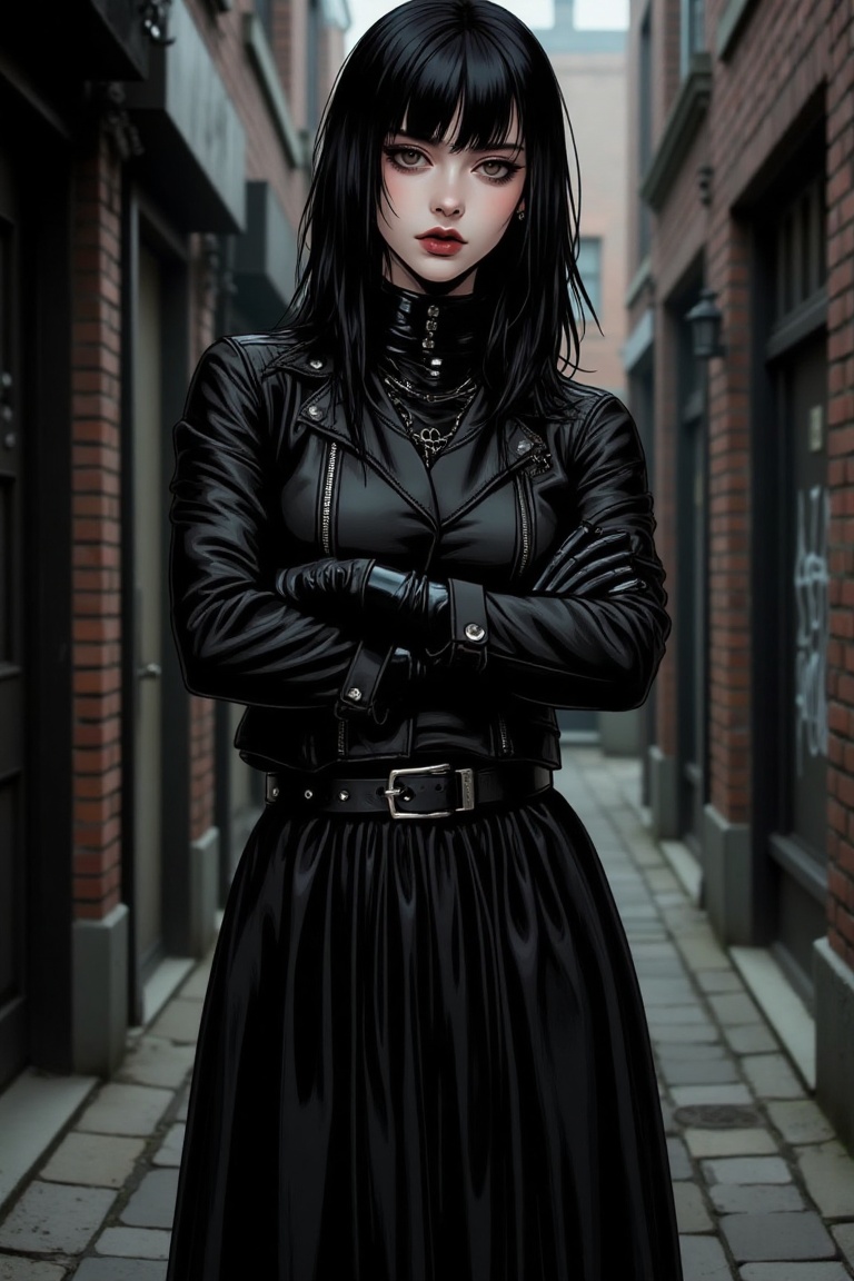 Illustration of a punk gothic woman wearing a high-collared leather jacket,  black gloves,  and a long skirt on Tensor.Art