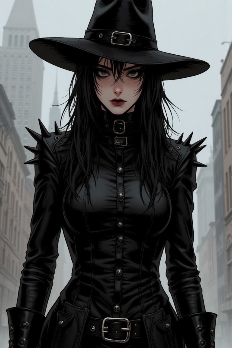 "A detailed illustration of a gothic woman in a buttoned-up long leather jacket with spiked shoulders,  wearing a wide-bri...