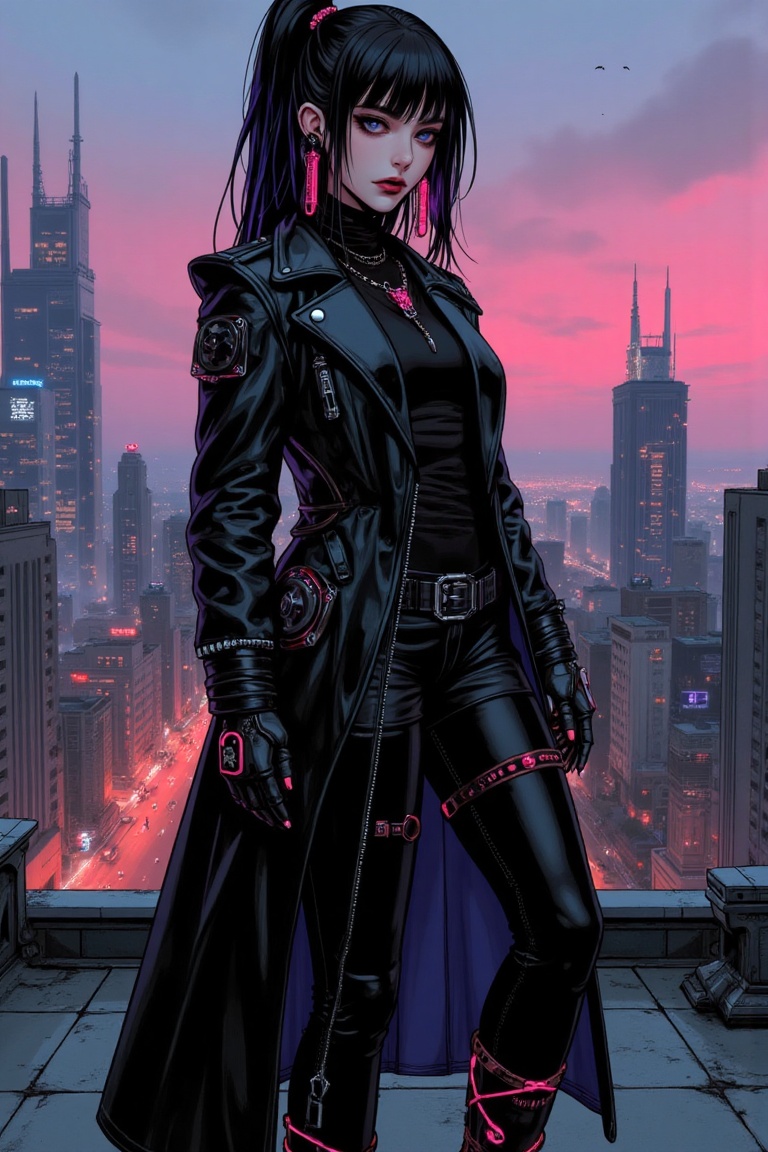 "Illustration of a punk gothic woman in a cyberpunk-inspired outfit with a long leather jacket and glowing accessories,  s...
