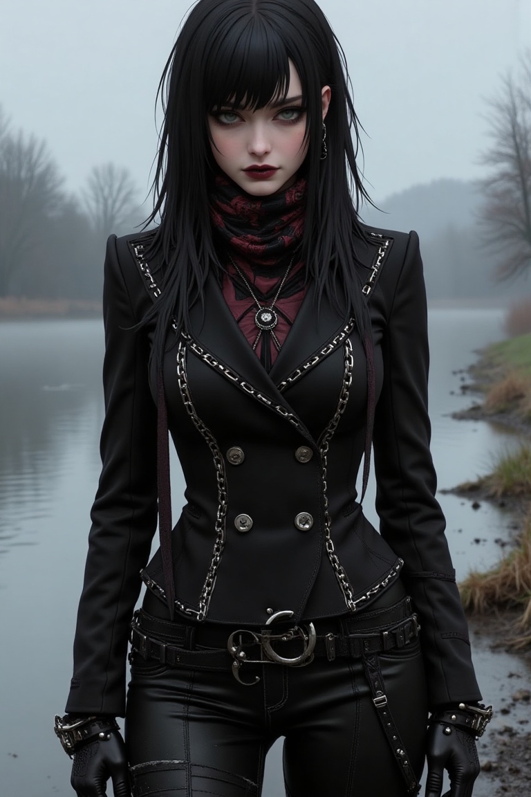 Illustration of a punk gothic woman in a tailored blazer with chain accents,  wearing a scarf and gloves,  standing near a...