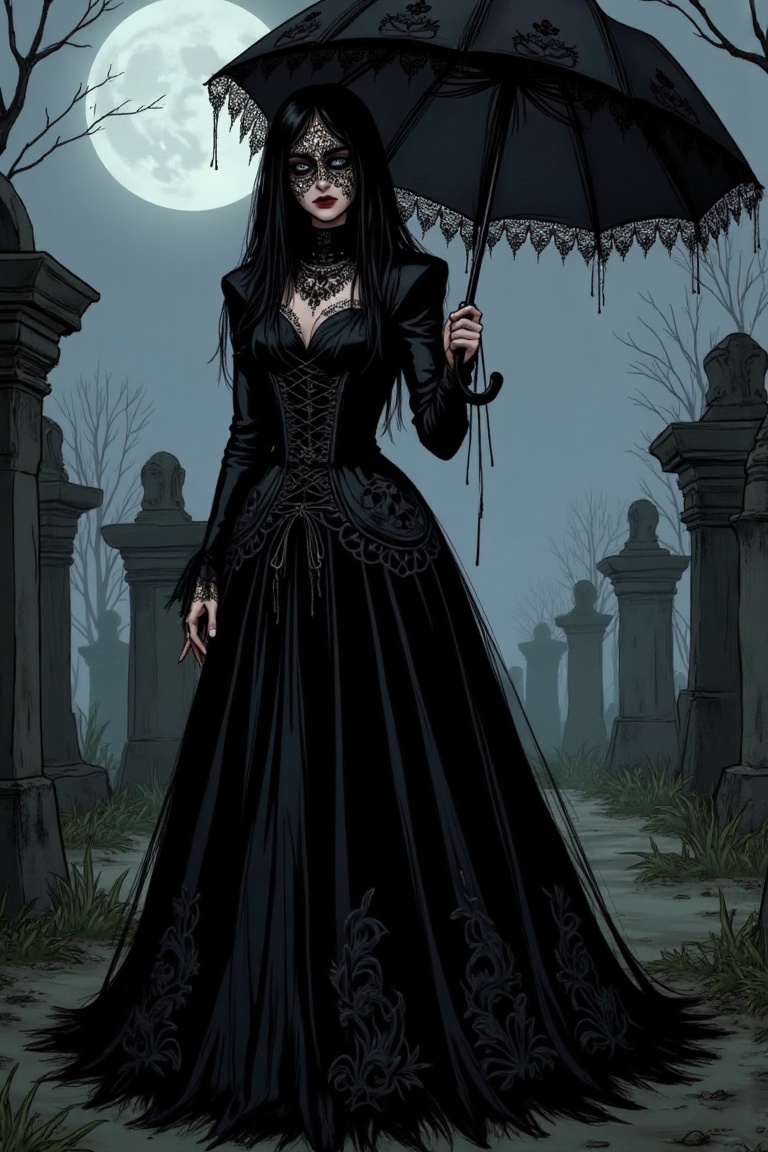 "Illustration of a punk gothic woman with a lace veil covering her face,  dressed in a full-length embroidered gown,  hold...