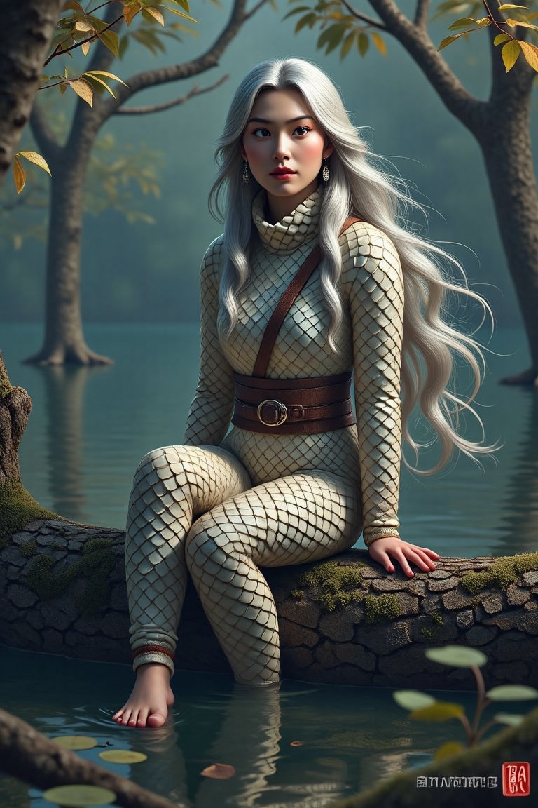 Imagine a hyperrealistic portrait of an Inuit woman,  her long silver hair waving gently,  illuminated by moonlight filter...