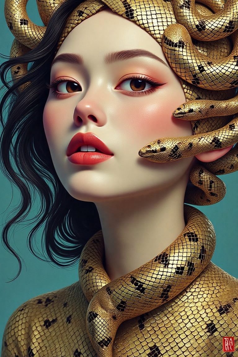 (An abstract depiction of a woman's visage,  rendered in the distinctive style of Ayami Kojima,  evokes fragmented recolle...