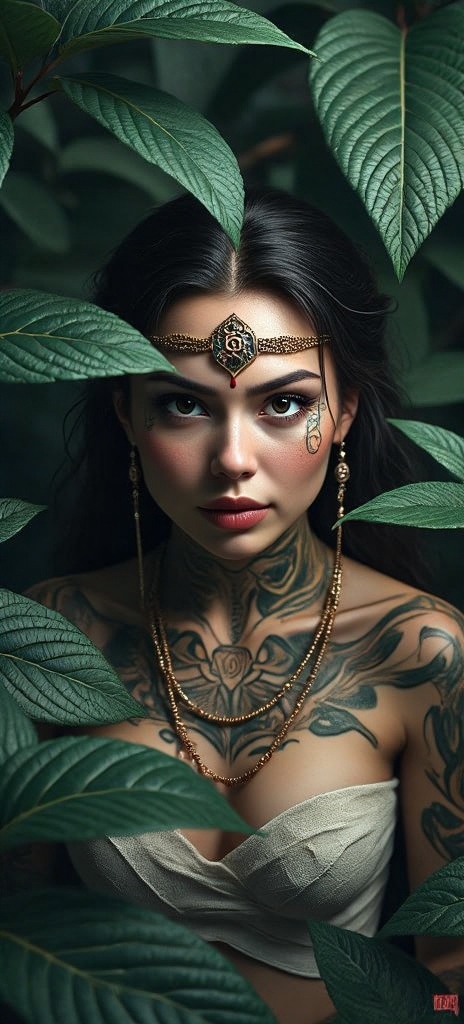 Craft a photorealistic portrait of an enigmatic oracle,  her mystical aura radiating through intricate ancient symbols tat...