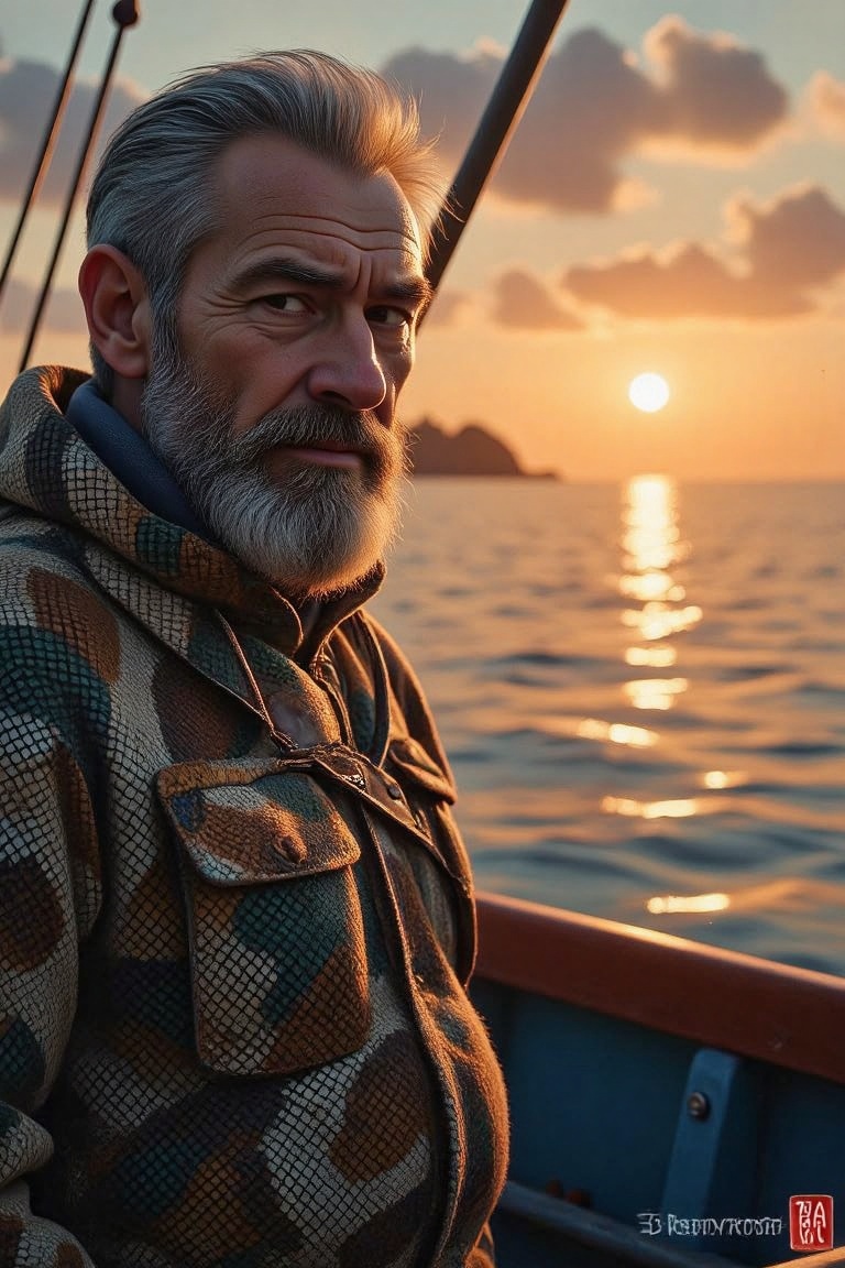 CA highly detailed hyperrealistic portrait captures a weathered fisherman with his lined face illuminated by the warm sett...