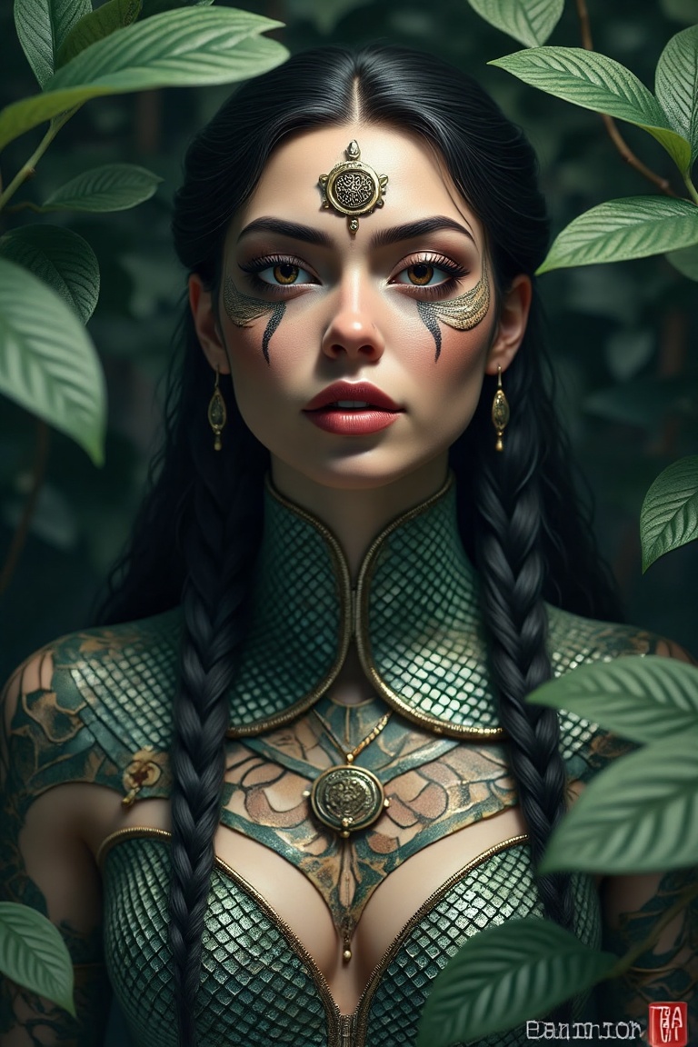 Craft a photorealistic portrait of an enigmatic oracle,  her mystical aura radiating through intricate ancient symbols tat...