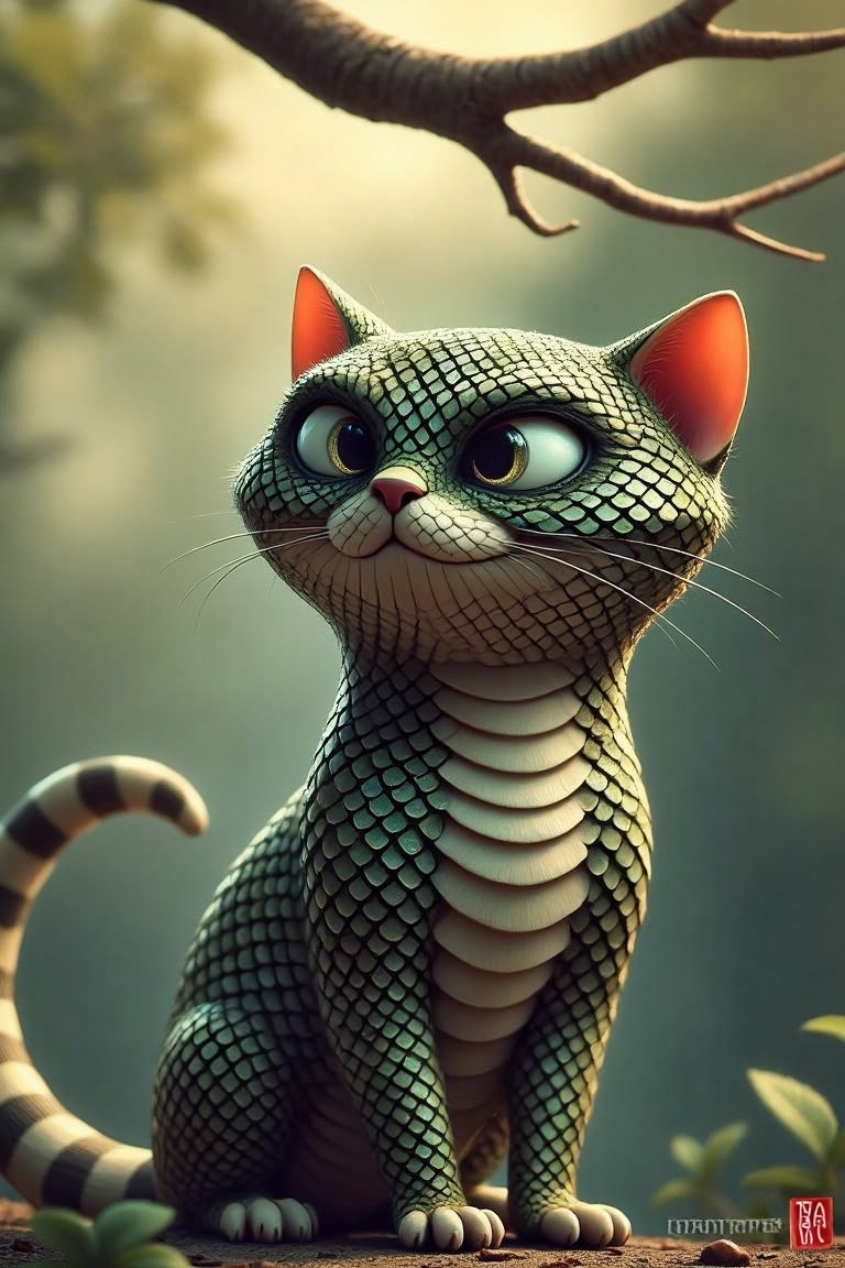 A scaly world where every subject has a reptilian skin layer. A close-up shot of a cat's face reveals its eyes gazing thro...