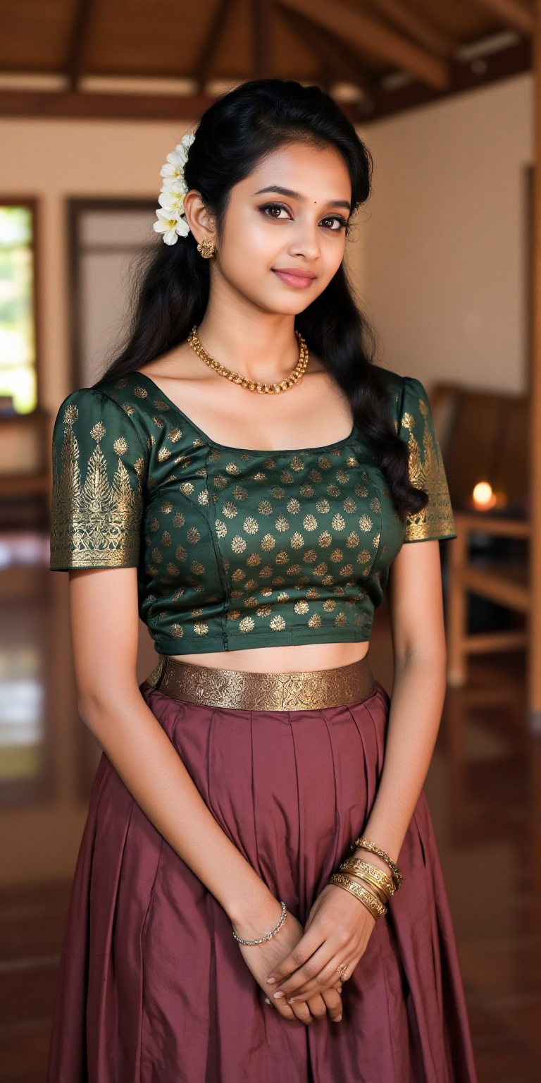 A photorealistic depiction of a traditional Kerala woman wearing a pattu pavadai and blouse during a festive occasion. The...