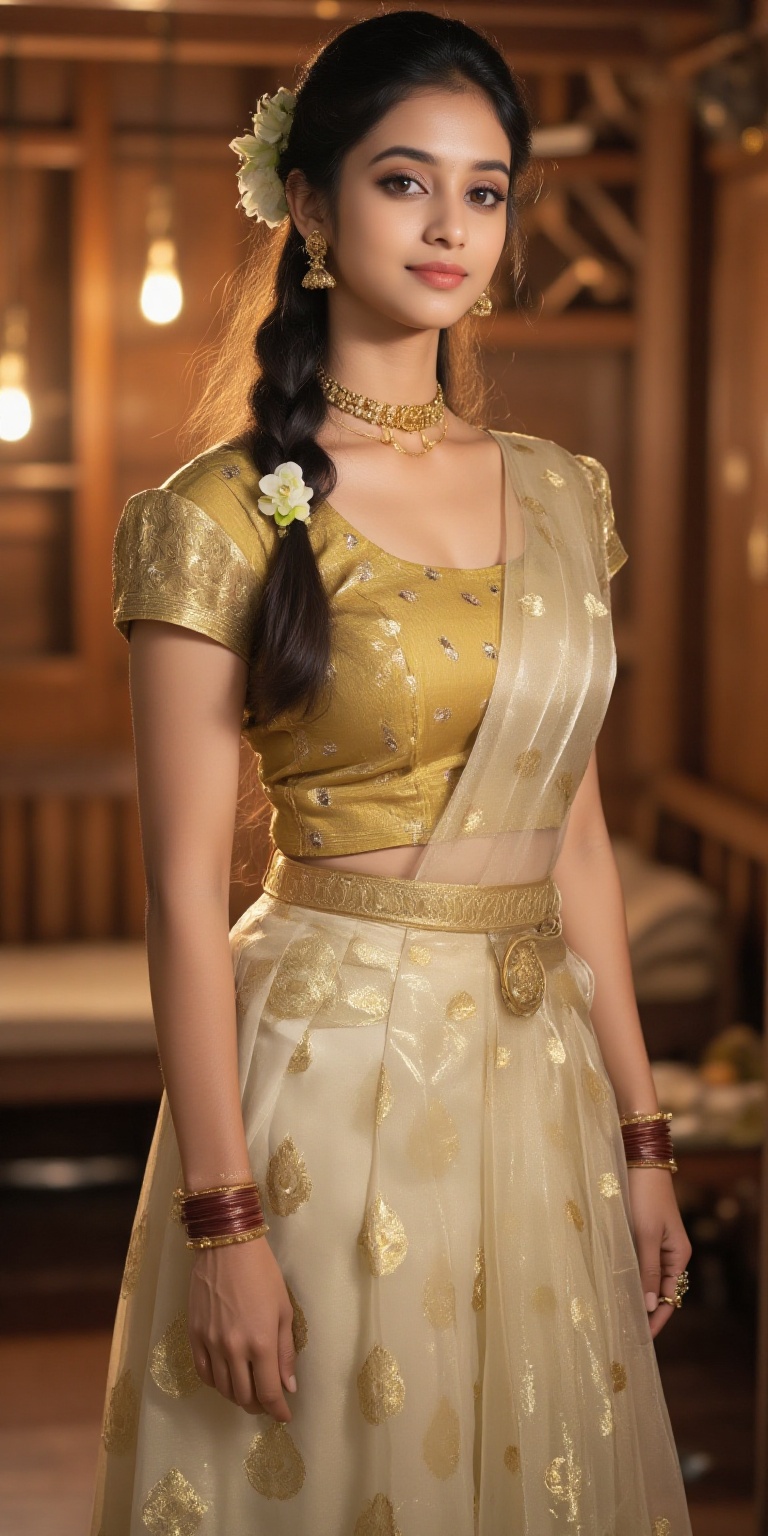 A photorealistic depiction of a traditional Kerala woman wearing a pattu pavadai and blouse during a festive occasion. The...