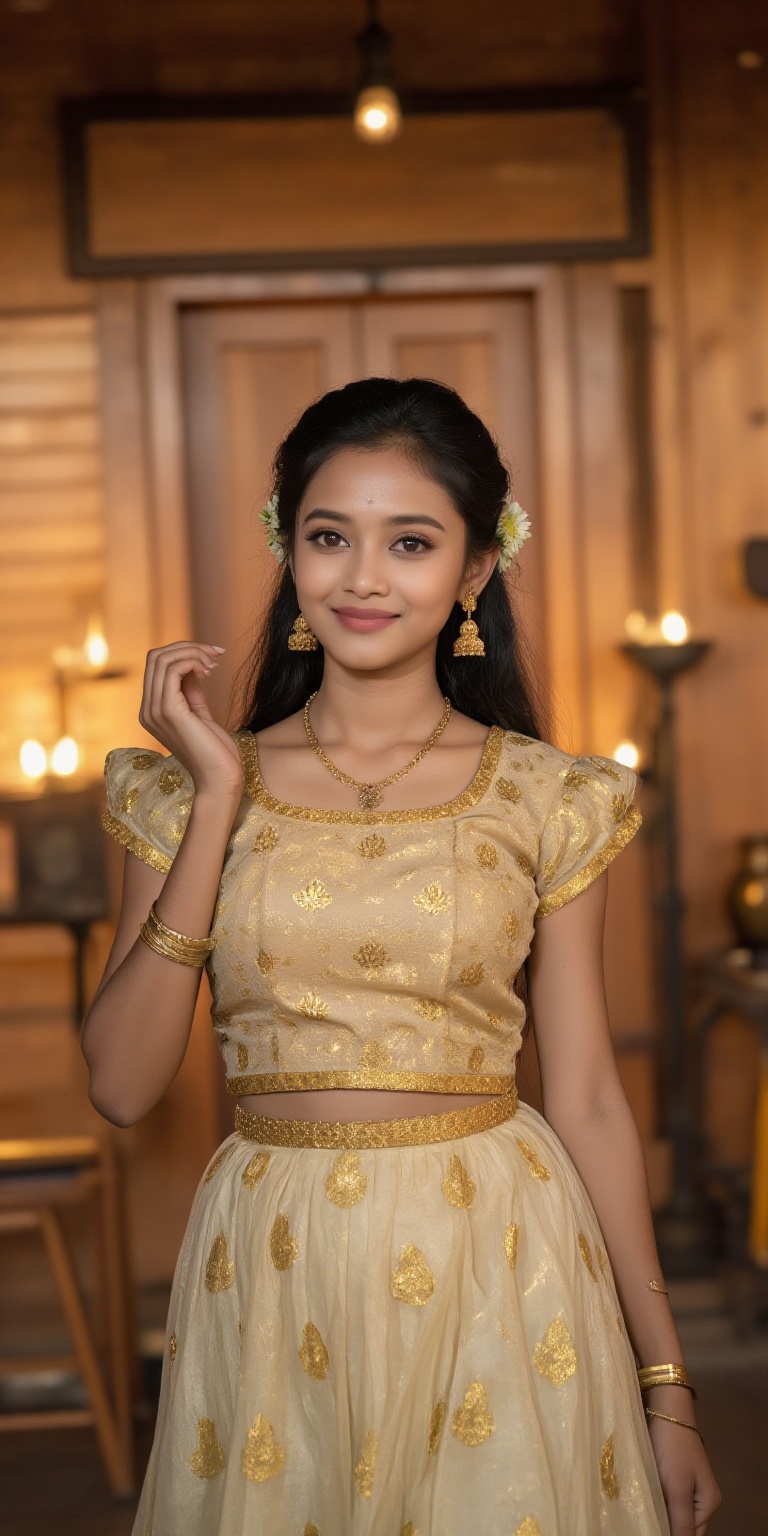 A photorealistic depiction of a traditional Kerala woman wearing a pattu pavadai and blouse during a festive occasion. The...
