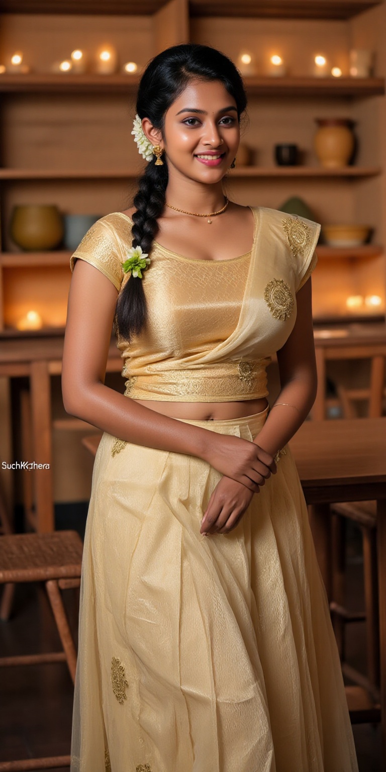 A photorealistic depiction of a traditional Kerala woman wearing a pattu pavadai and blouse during a festive occasion. The...