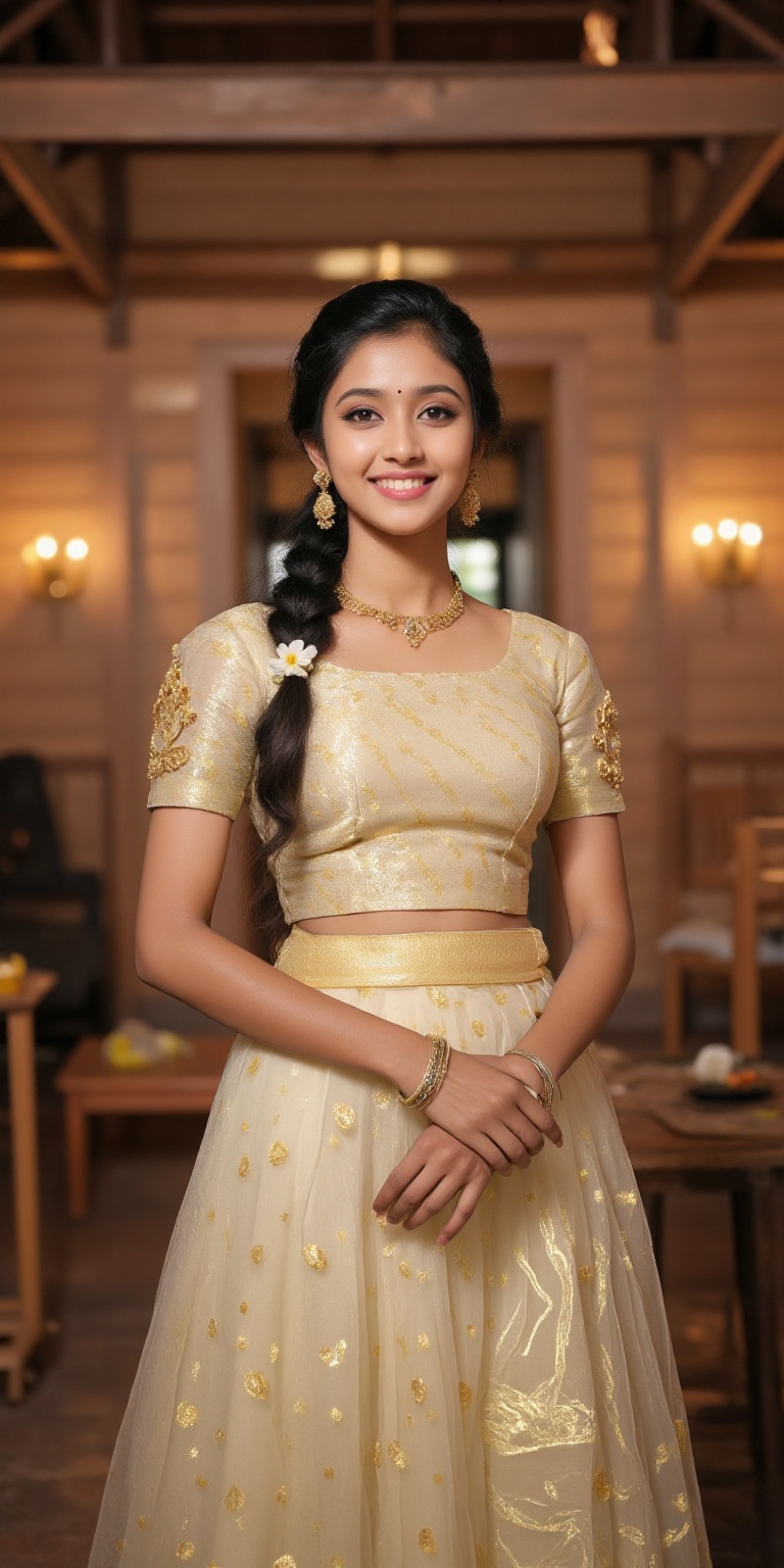 A photorealistic depiction of a traditional Kerala woman wearing a pattu pavadai and blouse during a festive occasion. The...