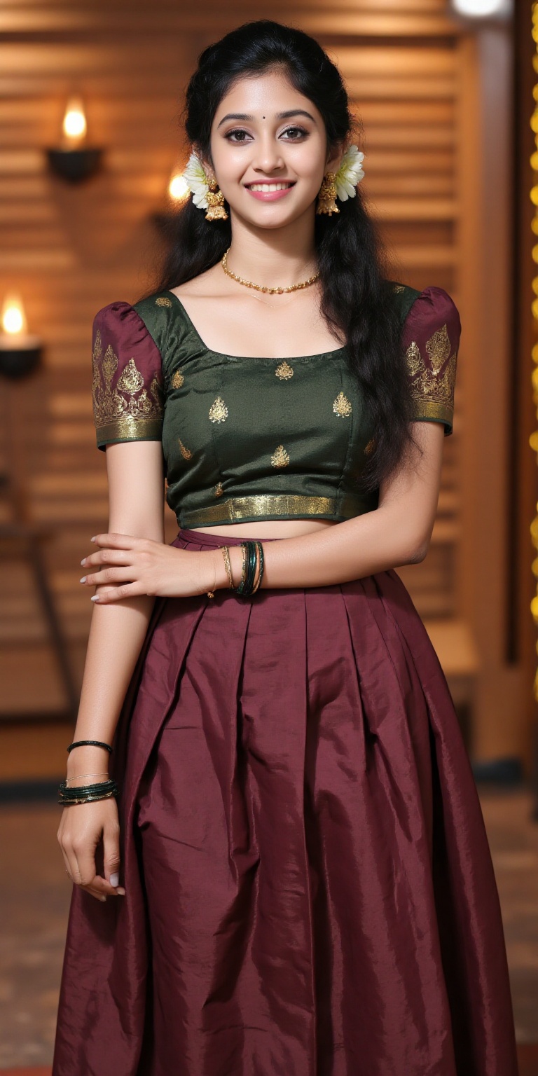 A photorealistic depiction of a traditional Kerala woman wearing a pattu pavadai and blouse during a festive occasion. The...