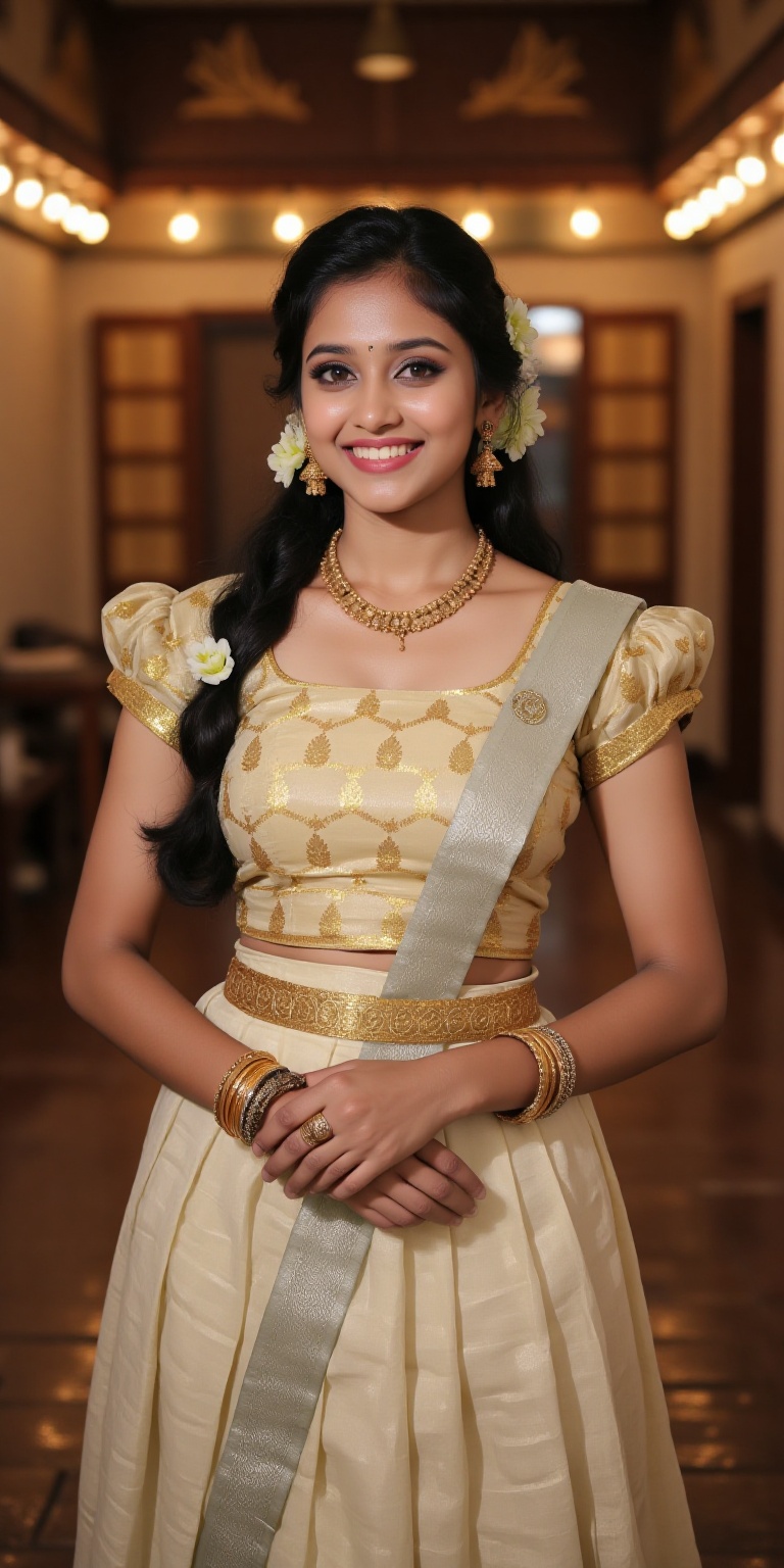 A photorealistic depiction of a traditional Kerala woman wearing a pattu pavadai and blouse during a festive occasion. The...