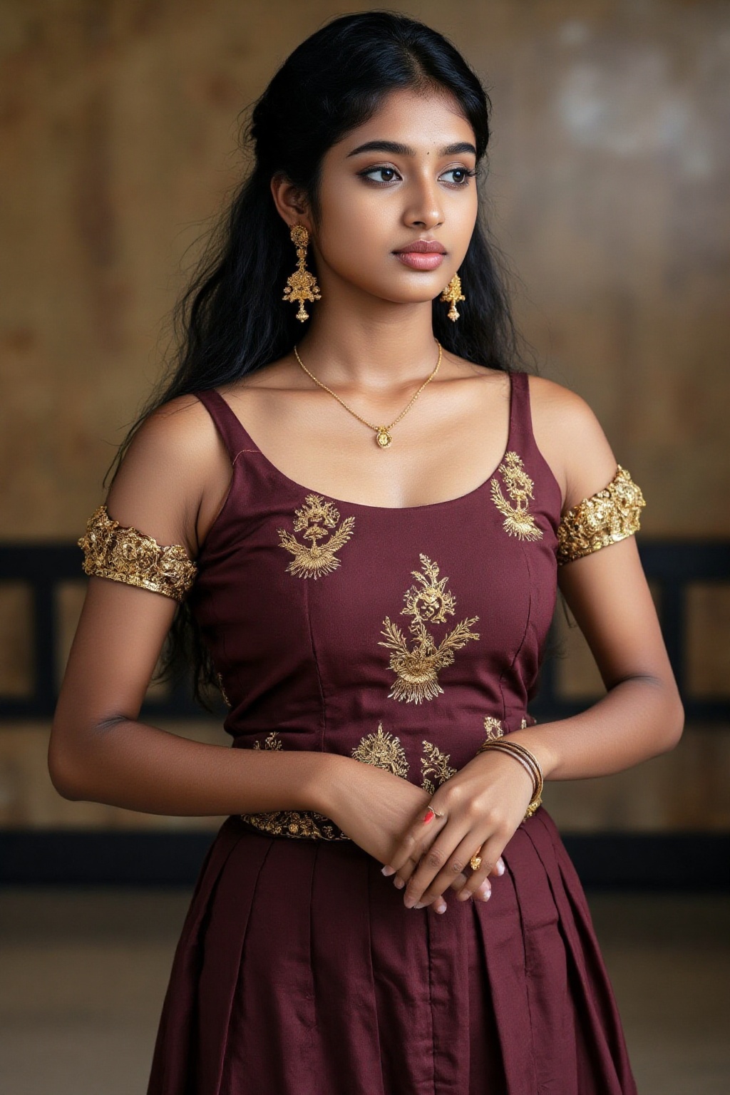 A photorealistic depiction of a traditional Kerala woman wearing a pattu pavadai and blouse during a festive occasion. The...