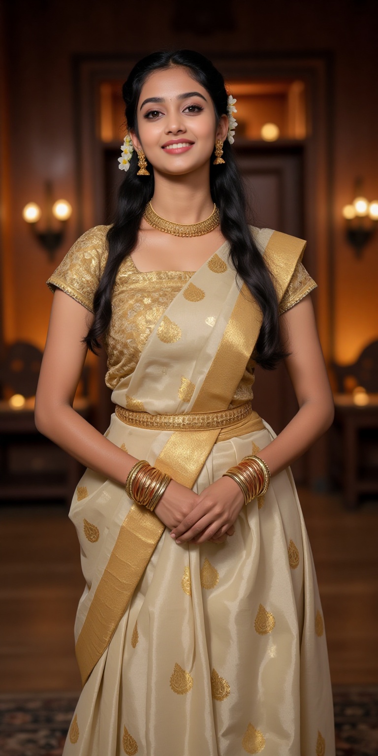 A photorealistic depiction of a traditional Kerala woman wearing a pattu pavadai and blouse during a festive occasion. The...