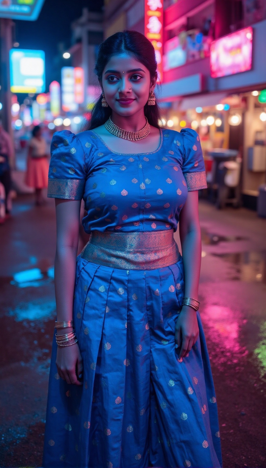 A Kerala woman dressed in a glowing silk pattu pavadai ensemble,  featuring a randomly colored pleated skirt (e.g.,  vibra...