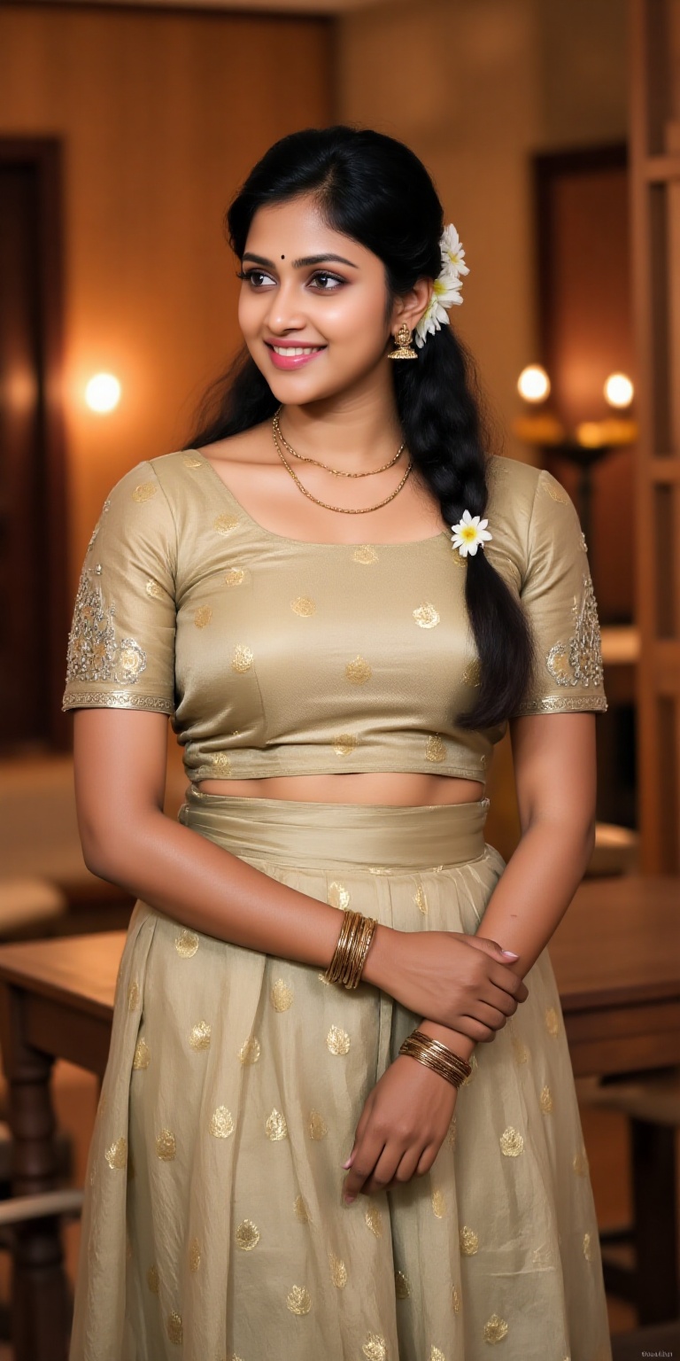 A photorealistic depiction of a traditional Kerala woman wearing a pattu pavadai and blouse during a festive occasion. The...
