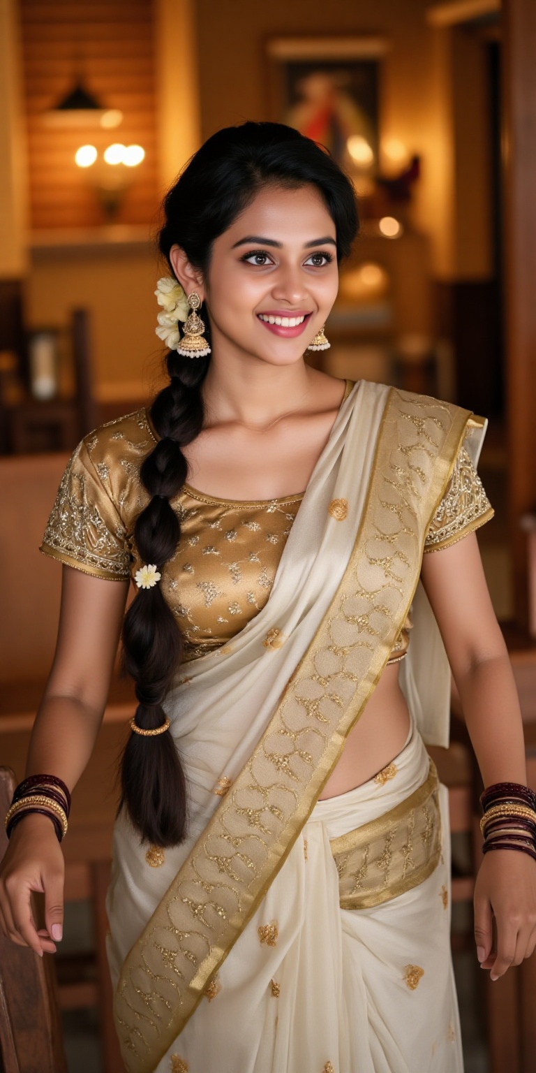 A photorealistic depiction of a traditional Kerala woman wearing a pattu pavadai and blouse during a festive occasion. The...