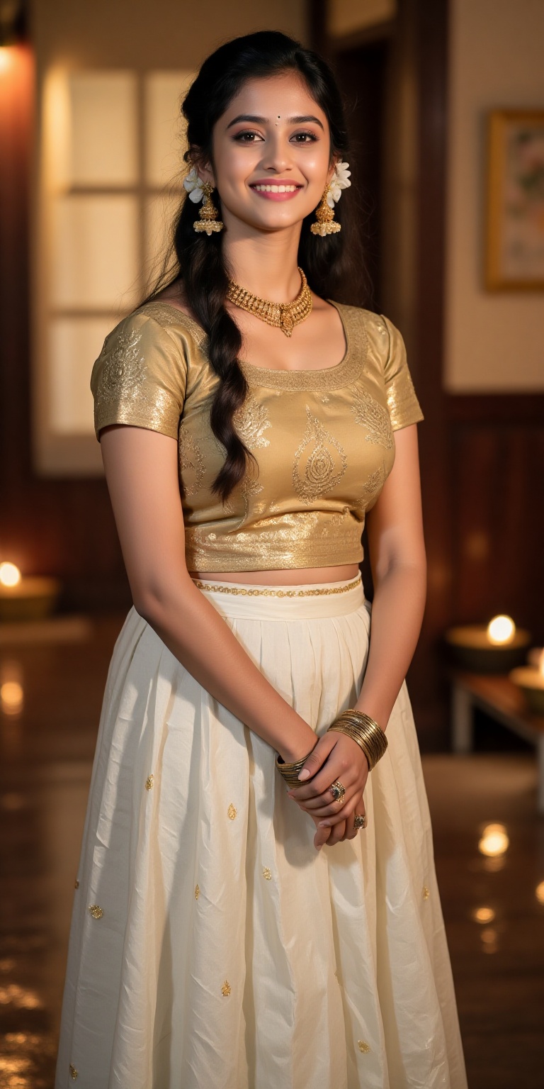 A photorealistic depiction of a traditional Kerala woman wearing a pattu pavadai and blouse during a festive occasion. The...