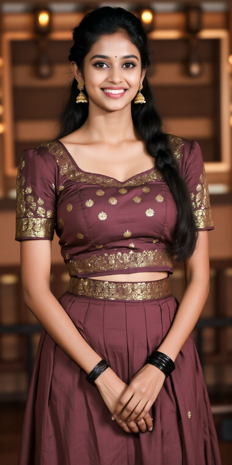 A photorealistic depiction of a traditional Kerala woman wearing a pattu pavadai and blouse during a festive occasion. The...