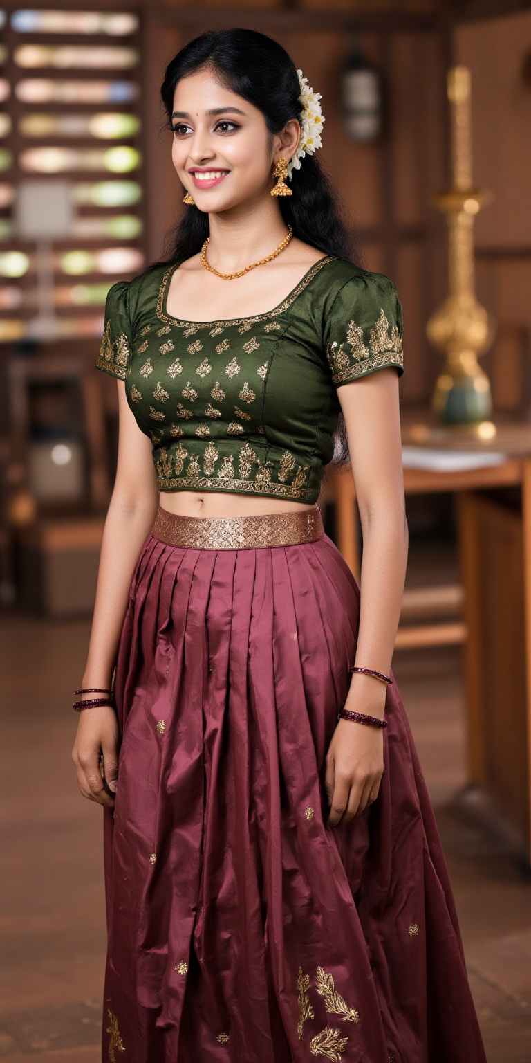 A photorealistic depiction of a traditional Kerala woman wearing a pattu pavadai and blouse during a festive occasion. The...
