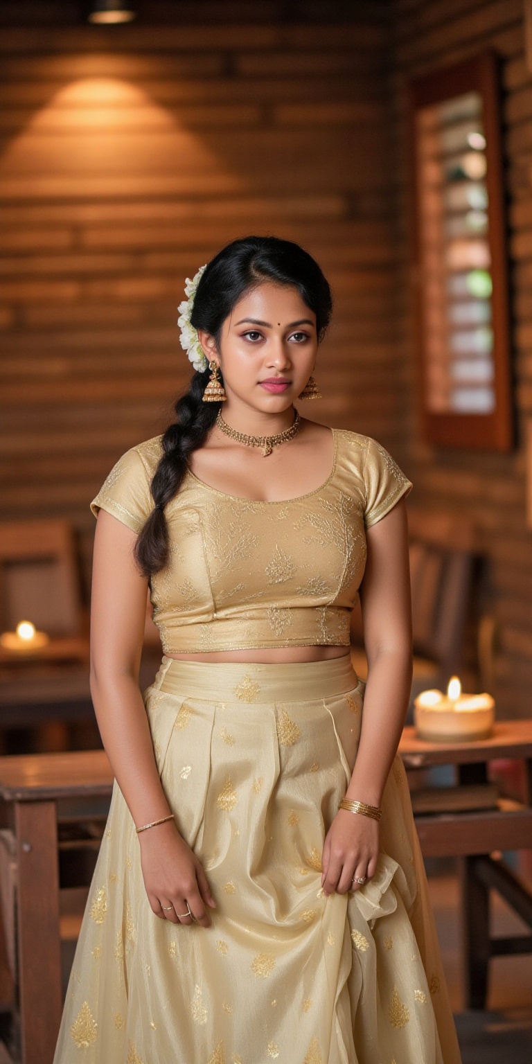 A photorealistic depiction of a traditional Kerala woman wearing a pattu pavadai and blouse during a festive occasion. The...