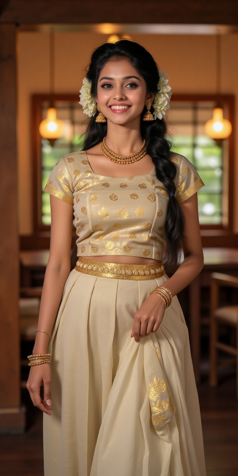 A photorealistic depiction of a traditional Kerala woman wearing a pattu pavadai and blouse during a festive occasion. The...
