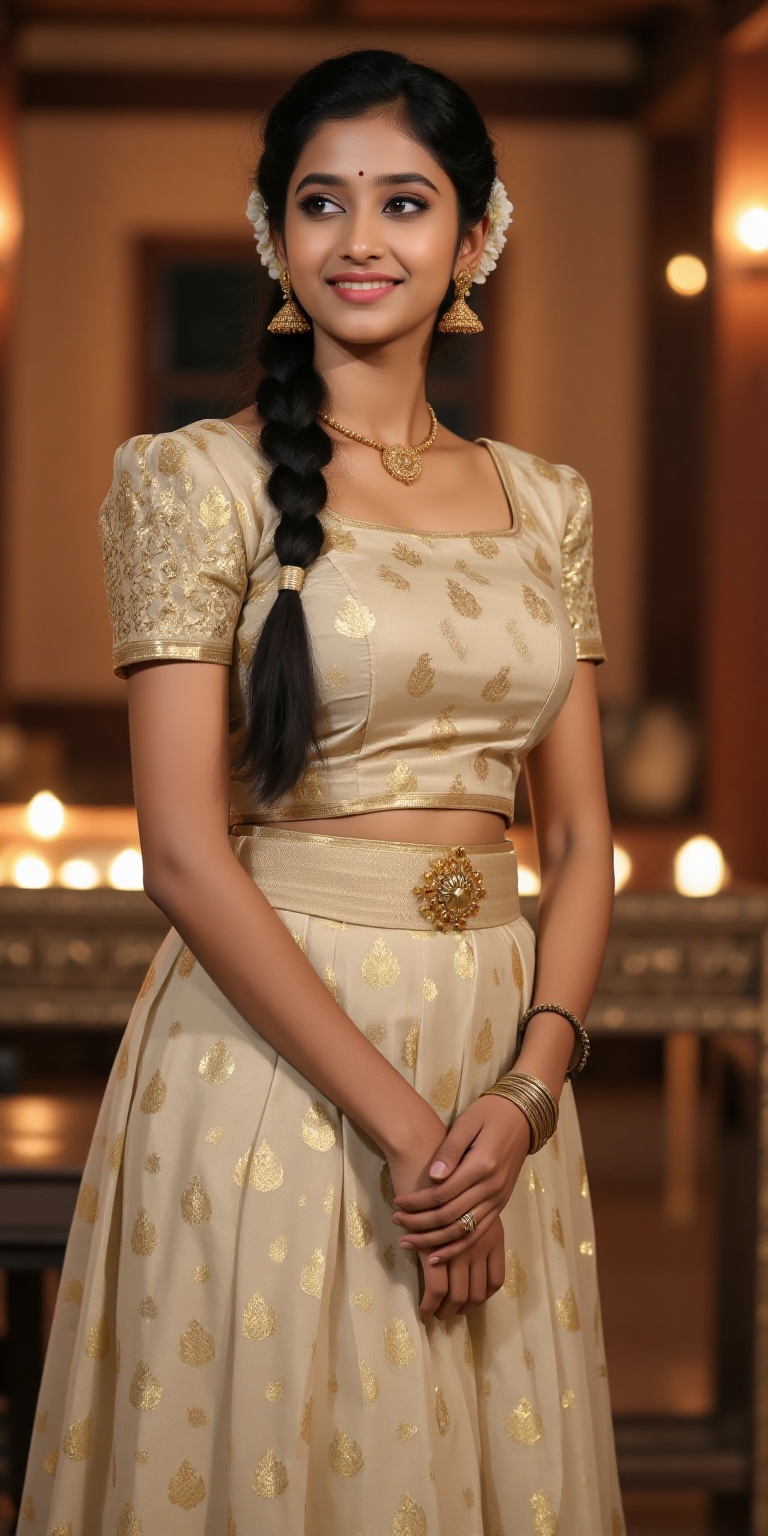 A photorealistic depiction of a traditional Kerala woman wearing a pattu pavadai and blouse during a festive occasion. The...