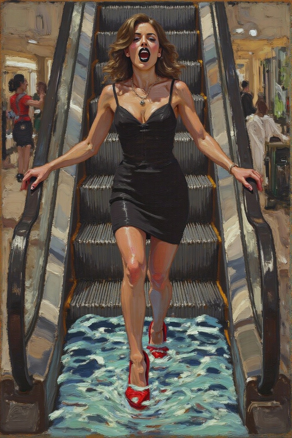 tomthom1 painting. a woman in a chic little black dress and vibrant red high heels,  gracefully descending an escalator. S...