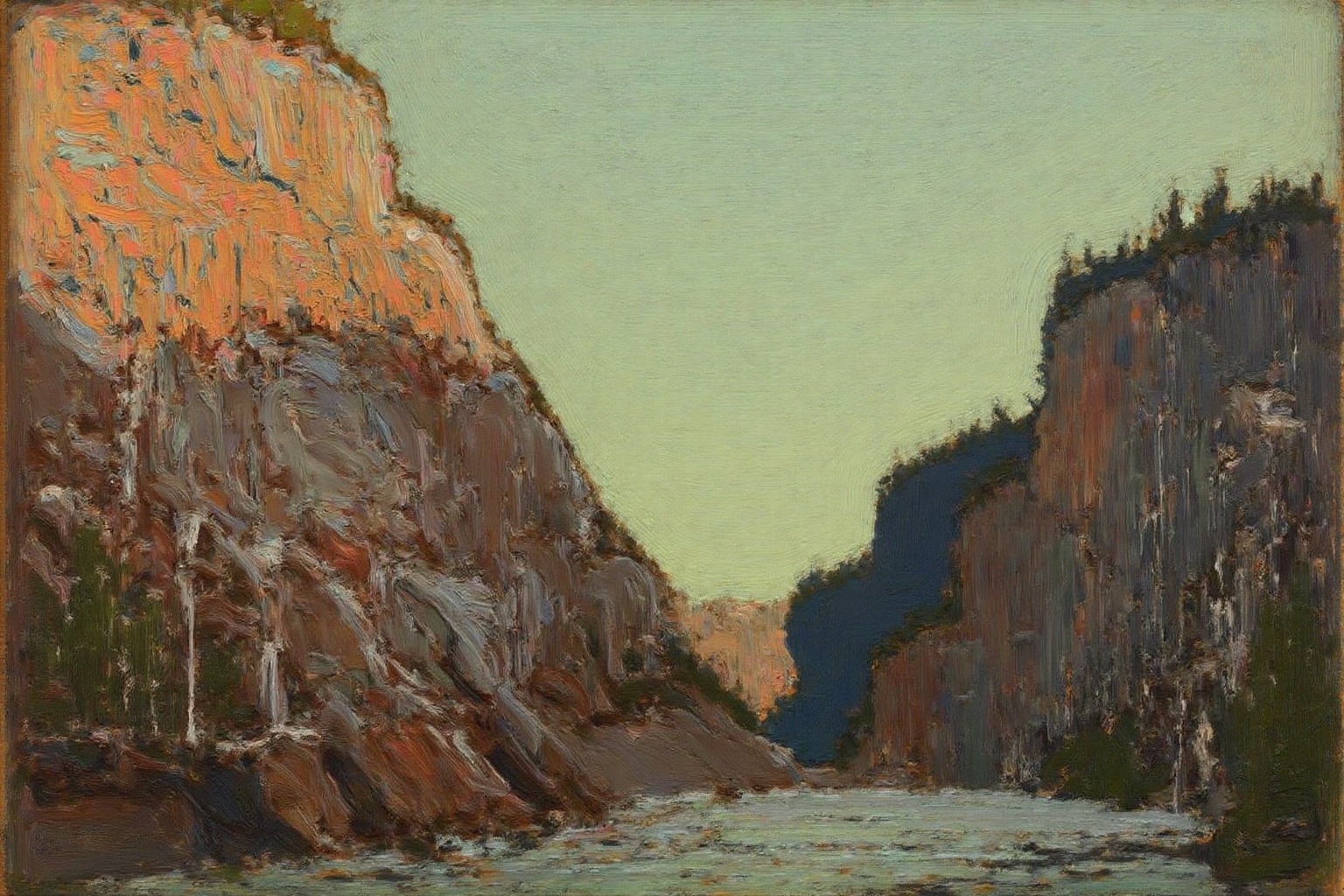 tomthom1 painting. A dramatic landscape featuring a rugged cliff face and a river. The dominant colors are earthy tones,...