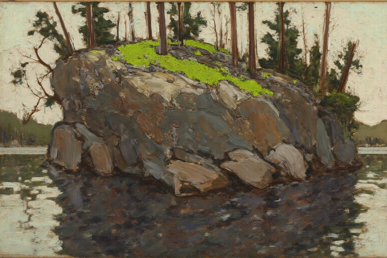 tomthom1 painting. A lakeside scene with a rocky shoreline. The composition features a rugged,  rocky cliff on the left si...