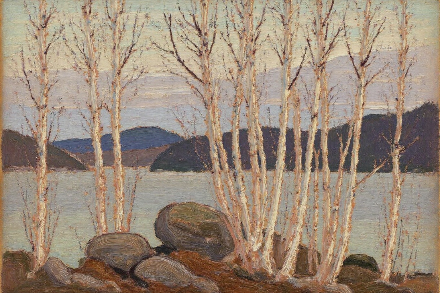 tomthom1 painting. A winter scene featuring a group of leafless trees beside some rocks. The trees have slender,  white-ba...
