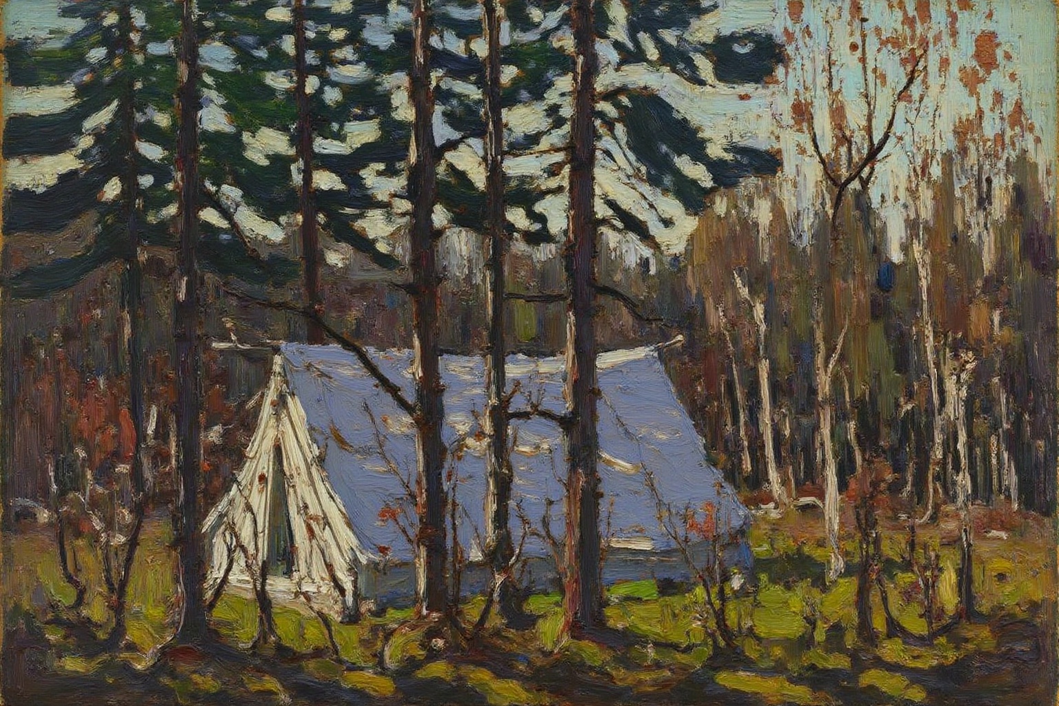 tomthom1 painting. A serene forest scene,  with a white tent behind some trees. The artwork features a dense forest with t...