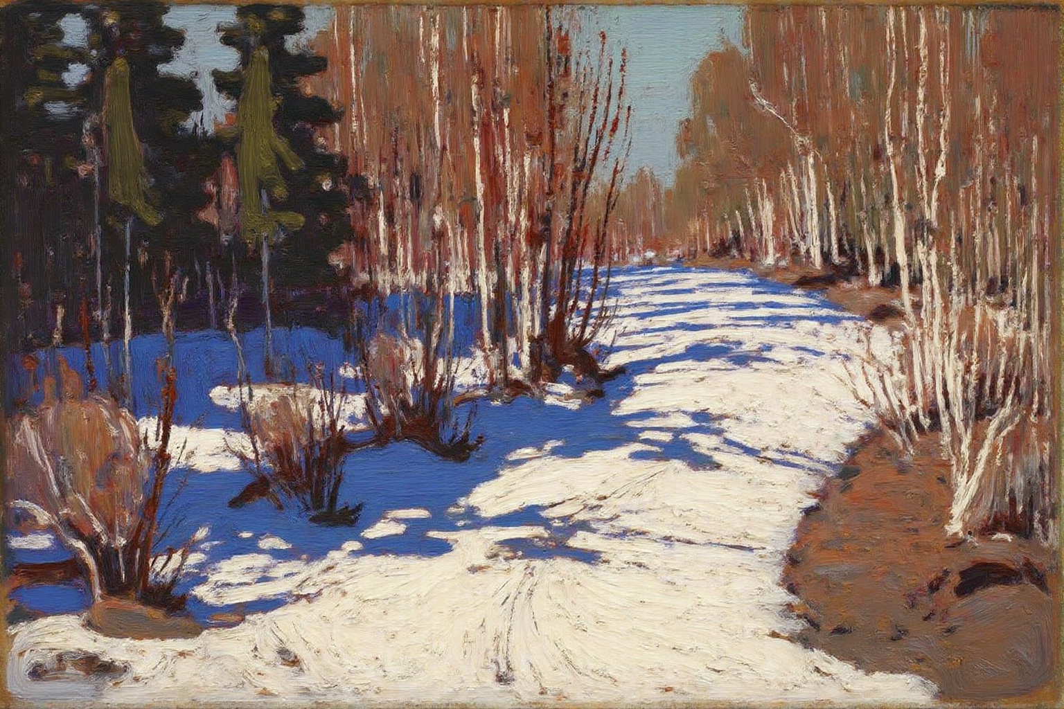 tomthom1 painting. A serene winter scene of a forest path. The painting showcases a narrow,  winding path leading into a d...