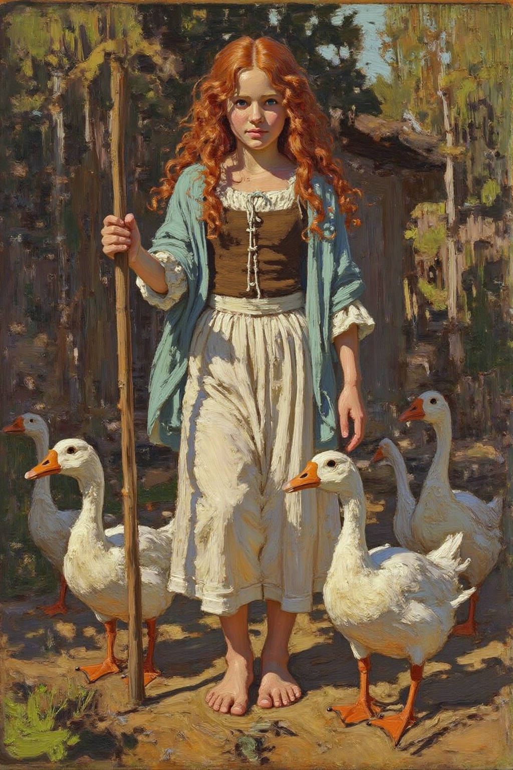 tomthom1 painting. The scene depicts a young girl standing in a rustic,  medieval setting. The girl,  with long on Tensor.Art