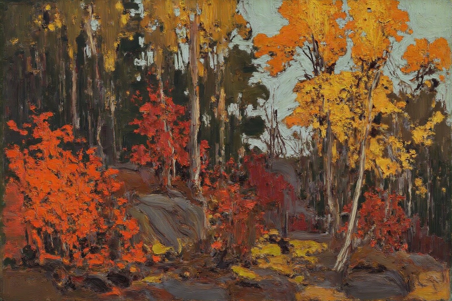 tomthom1 painting. The artwork employs a palette dominated by warm autumn colors,  with a mix of deep oranges,  yellows on...