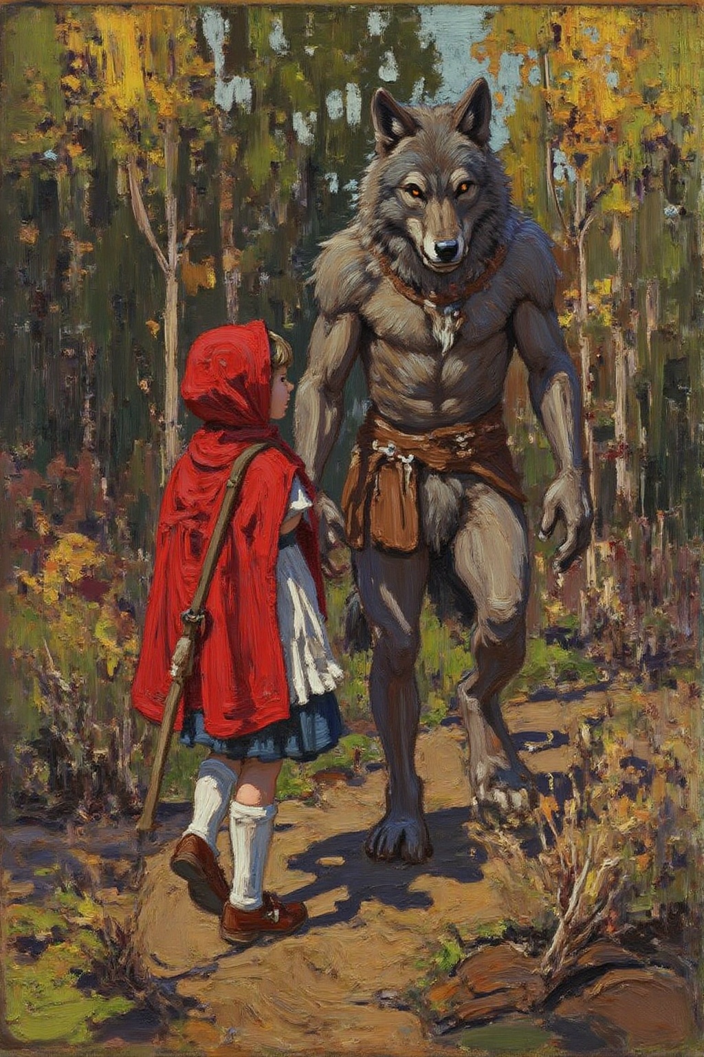 tomthom1 painting. Little Red Ridding Hood walkign along side the Big Bad Wolf. on Tensor.Art