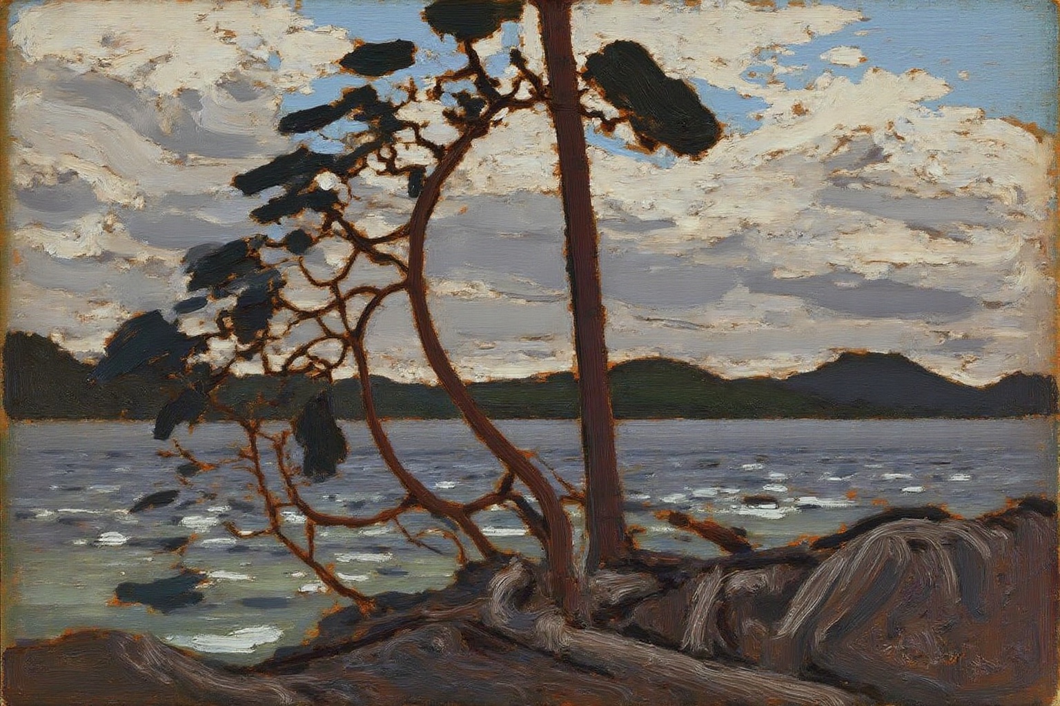 tomthom1 painting. The image depict a tree on a lake shore. The sky is filled with dramatic,  swirling clouds painted in s...