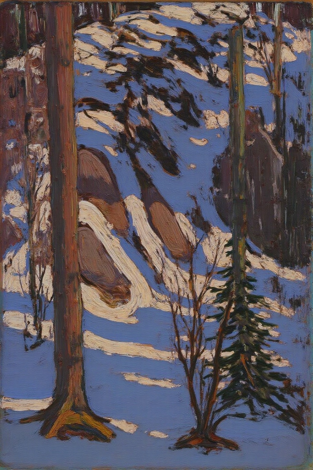 tomthom1 painting. The scene depicts a snowy forest with tall,  slender trees that are rendered in varying shades of brown...