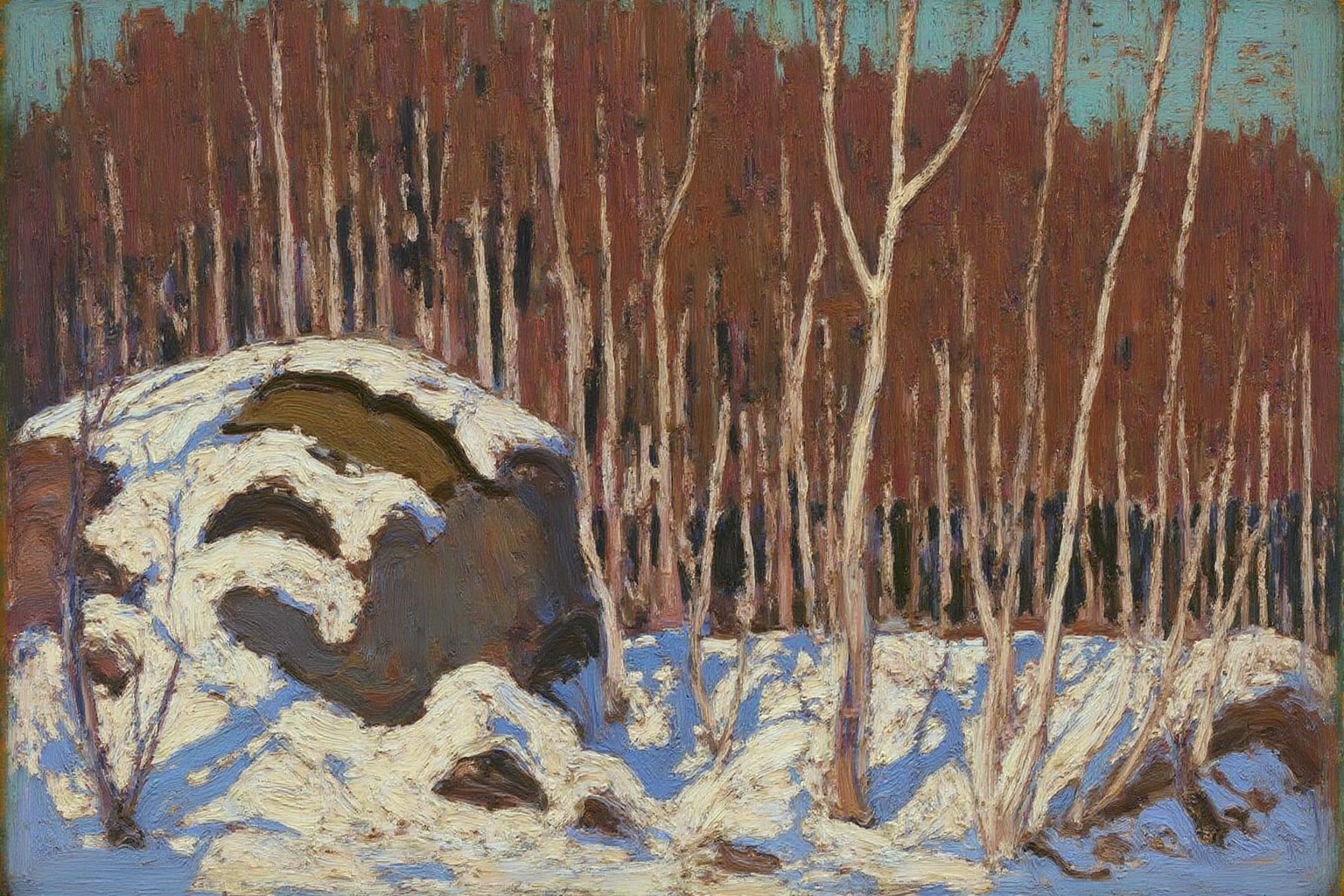 tomthom1 painting. A dense forest with tall,  slender trees that are predominantly bare,  their bark rendered in various s...