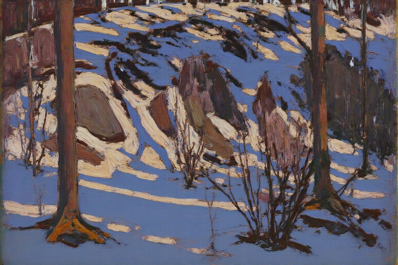 tomthom1 painting. The scene depicts a snowy forest with tall,  slender trees that are rendered in varying shades of brown...