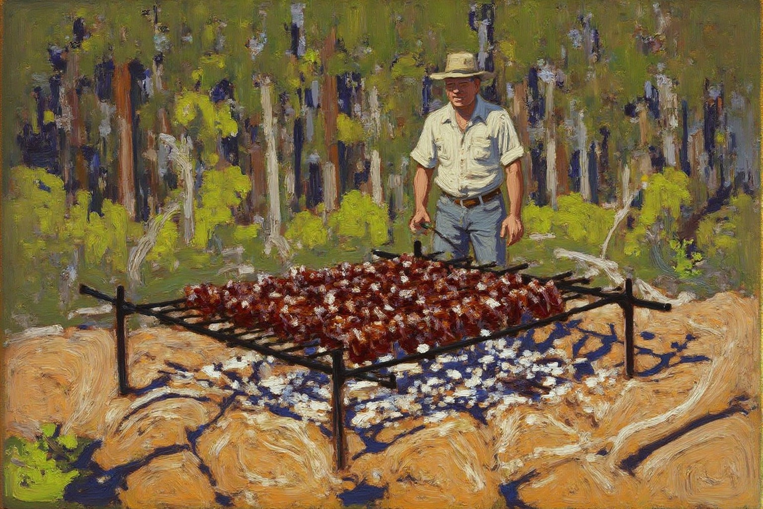 tomthom1 painting. A rustic forest clearing,  with a man grilling rows of meat over an open fire. The background features...