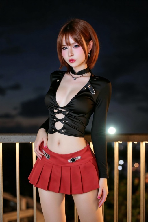 A mysterious Asian girl stands solo in a dimly lit night scene,  her short brown hair and piercing brown eyes captivating...