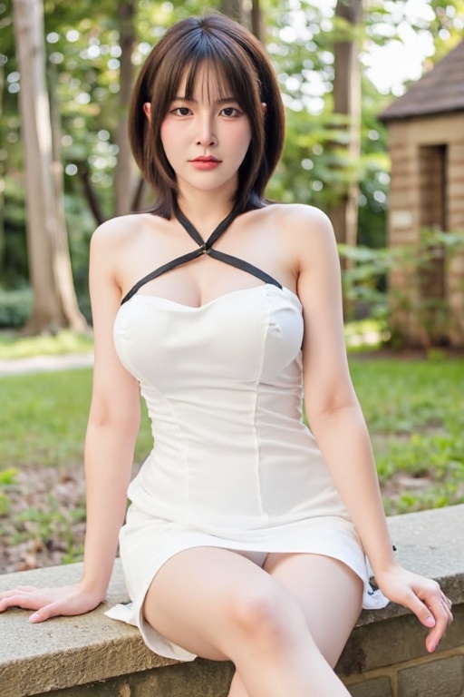 A young Asian girl with short,  choppy hair and bangs sits elegantly in a medium shot against a natural outdoor backdrop....