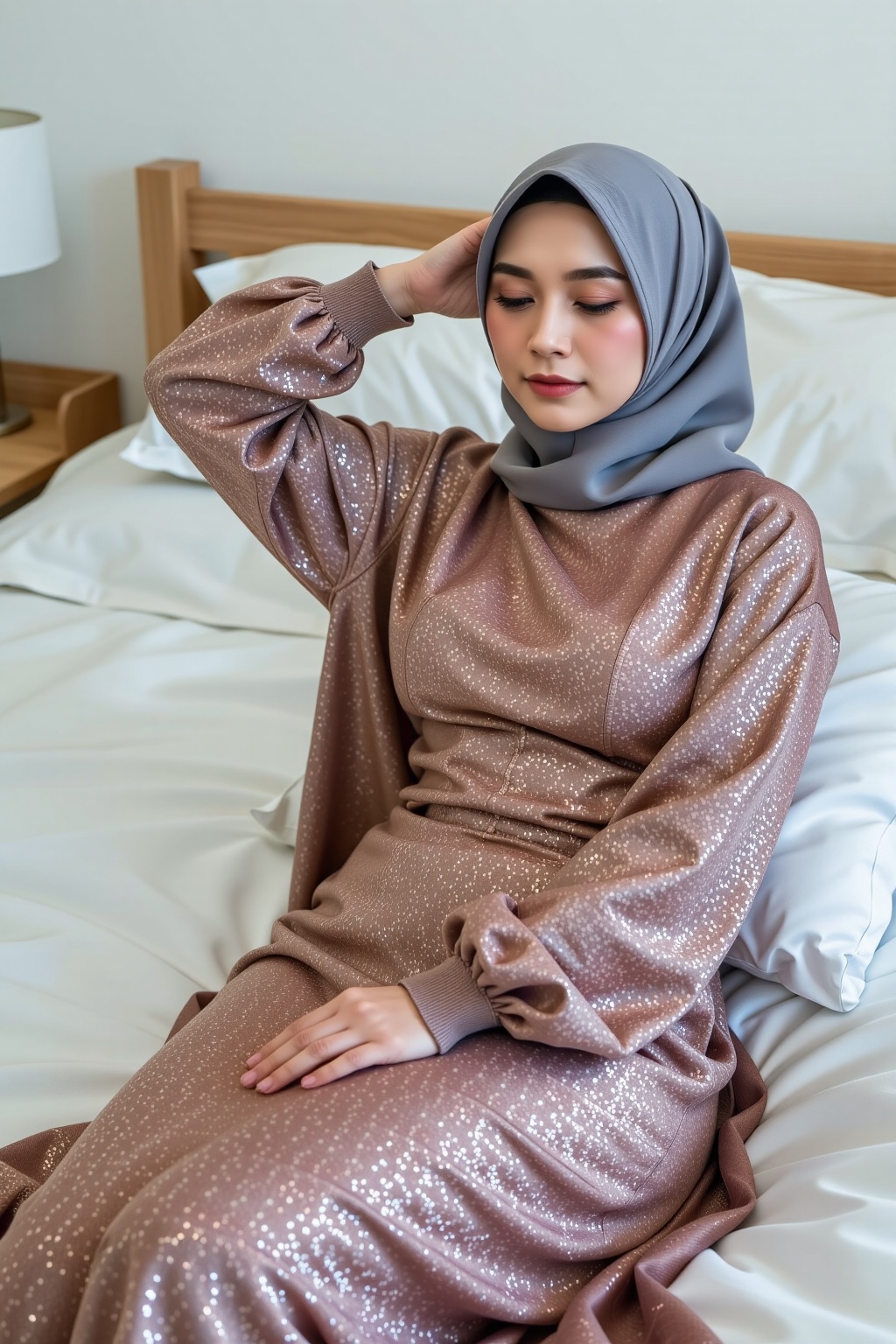 (HIJAB)A young woman,  wearing a light gray hijab and a shimmering,  rose gold on Tensor.Art