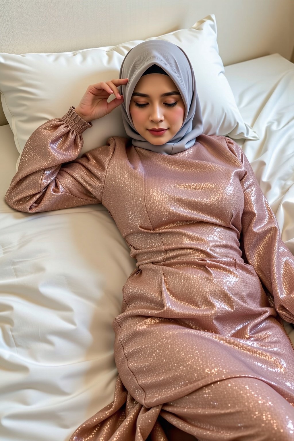 (HIJAB)A young woman,  wearing a light gray hijab and a shimmering,  rose gold on Tensor.Art